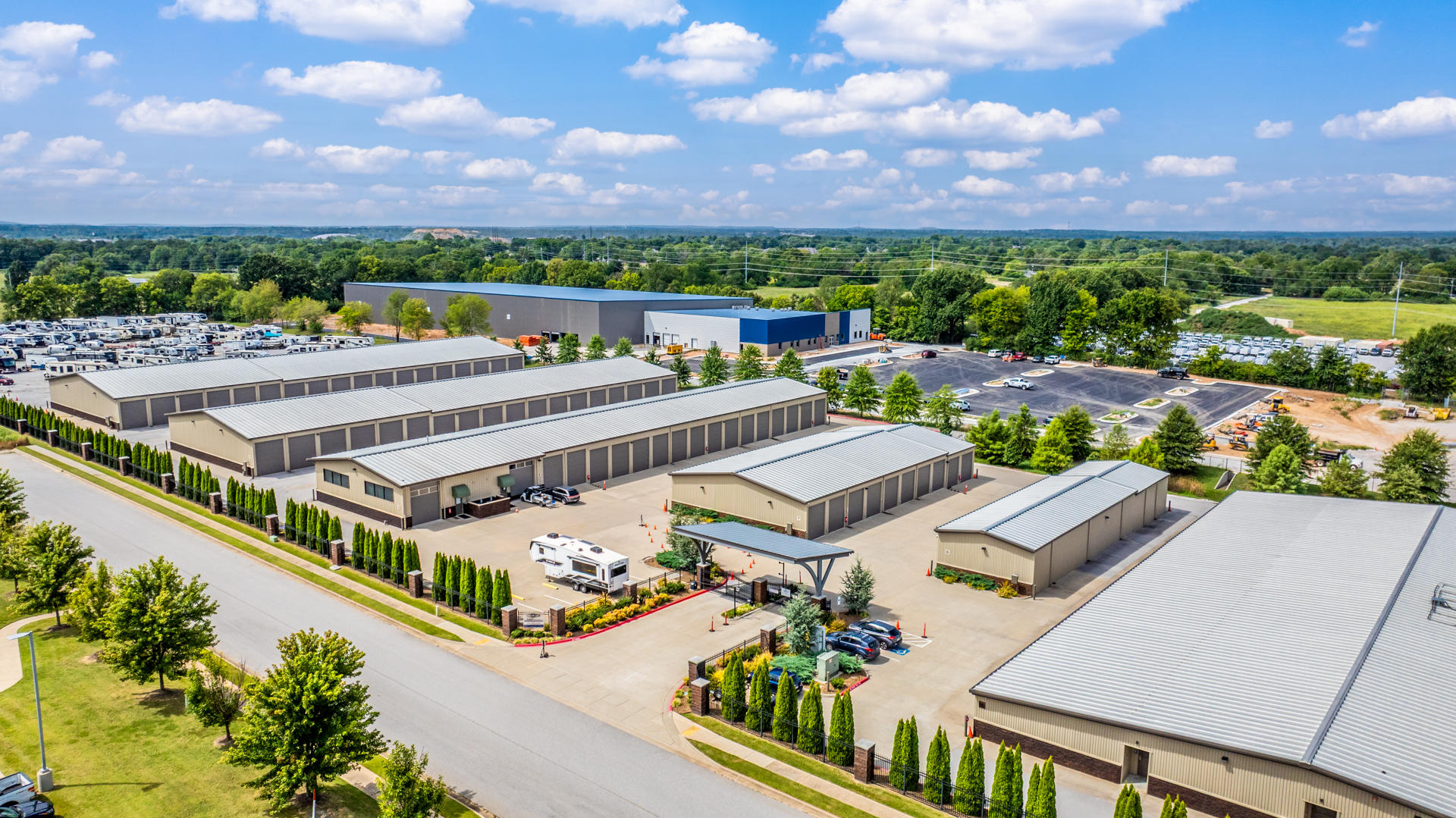 Aerial view of Modern Storage® Lowell self storage facility in Northwest Arkansas